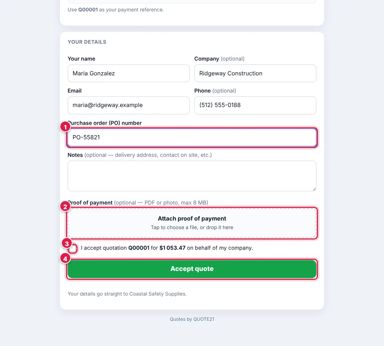 Screenshot: They fill in their details and PO number , can attach proof of payment (PDF or photo), tick to confirm and tap Accept quote .