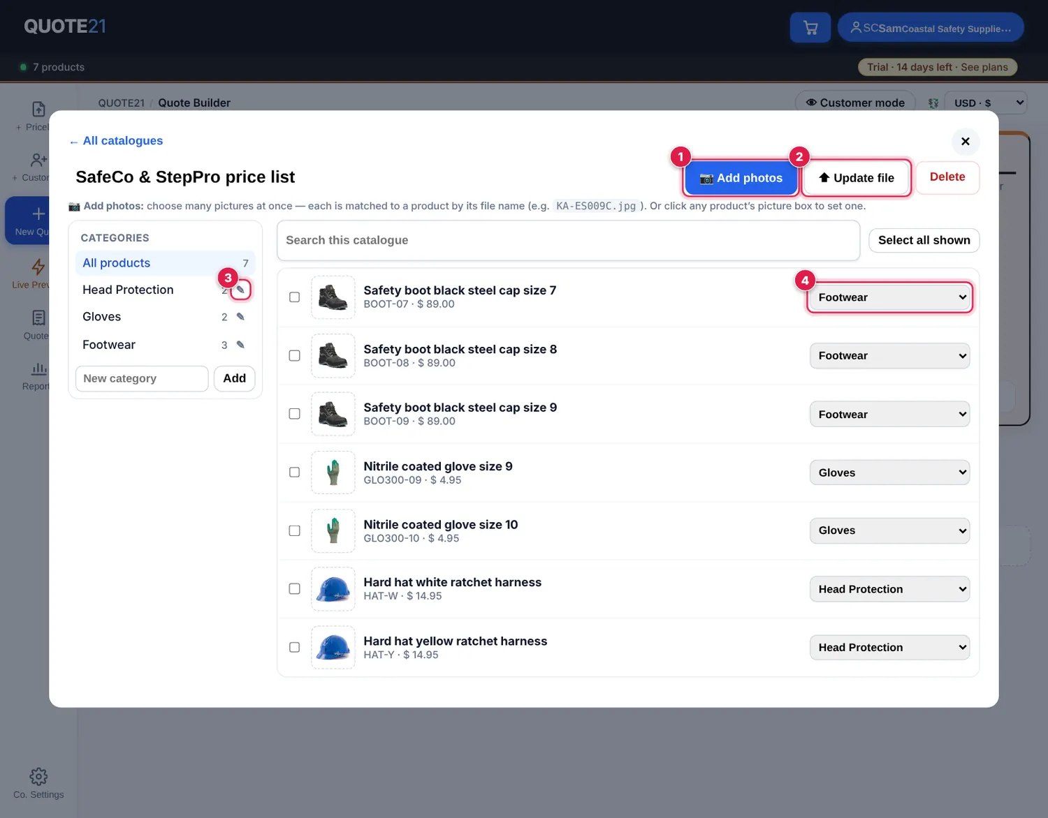 Screenshot: Inside a catalogue: 📷 Add photos adds many pictures at once (see pictures below). Update file loads a new price list. Delete removes the cat