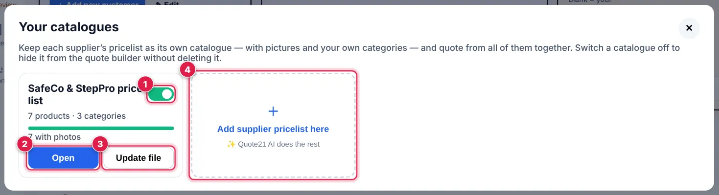 Screenshot: Account menu → 🗂 Supplier price lists, photos & categories. On the supplier’s catalogue, tap Update file .