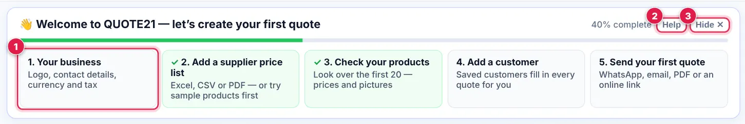 Screenshot: Tap any card to go straight to that job — for example 1. Your business opens your company settings. The bar shows how far you are (e.g. 60%
