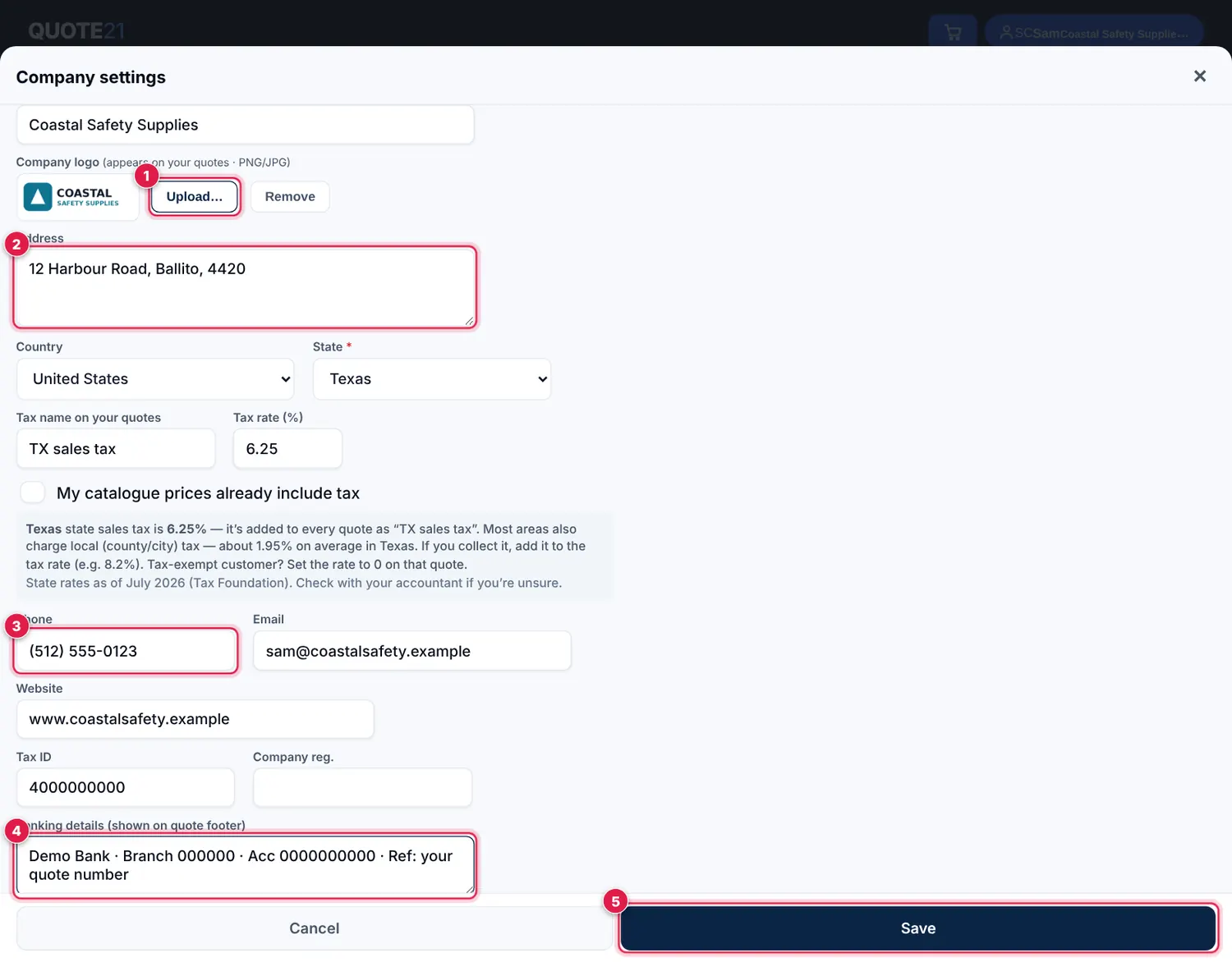 Screenshot: Tap Upload… and choose your logo (a PNG or JPG). Fill in your address and phone , plus email, website and your tax / EIN number.