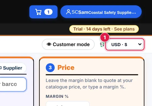Screenshot: To quote in another currency, choose it from the currency box at the top right .