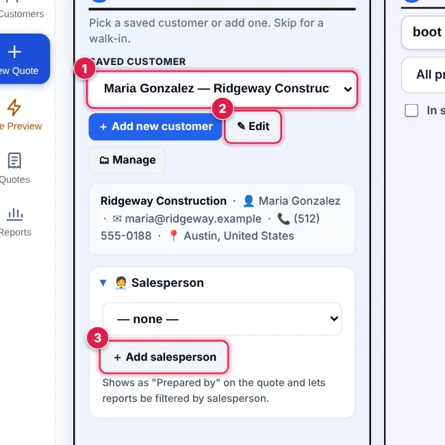 Screenshot: Next time, pick them from Saved customer . ✎ Edit changes their details. Open 🧑💼 Salesperson and tap + Add salesperson to add the rep’s nam