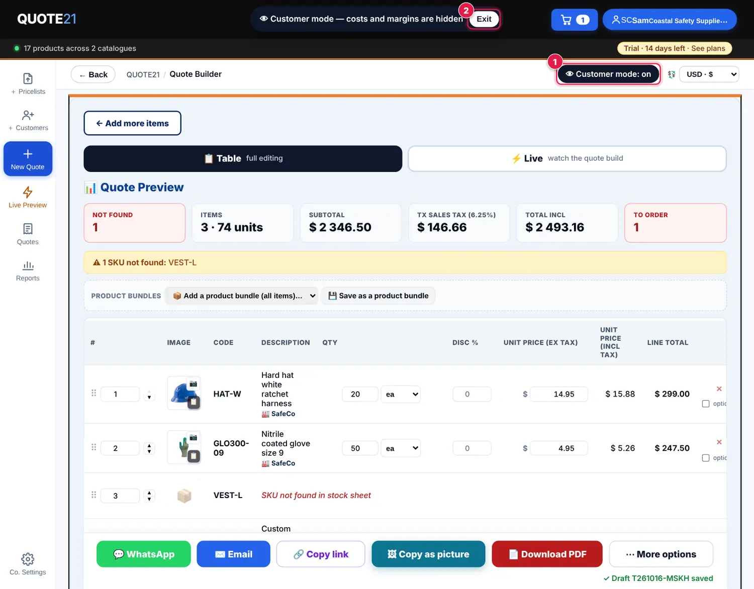 Screenshot: Tap 👁 Customer mode at the top of the quote builder. A dark banner shows it is on. Prices, quantities and totals stay; costs, GP and margins