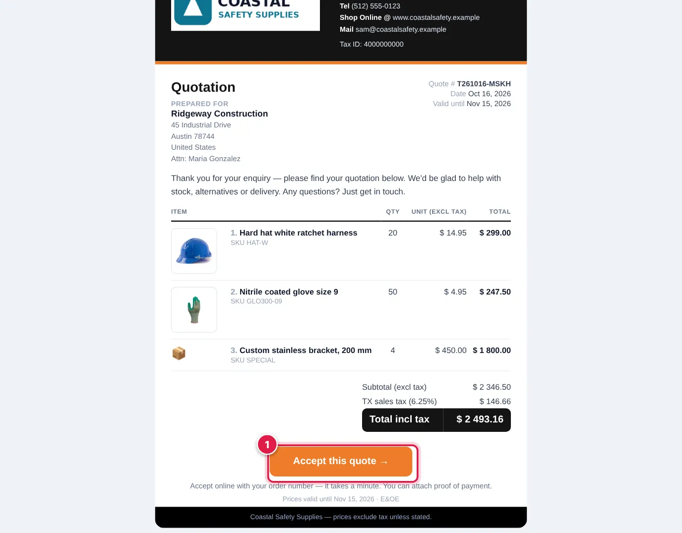 Screenshot: Your customer sees a branded quote with pictures and an Accept this quote button .