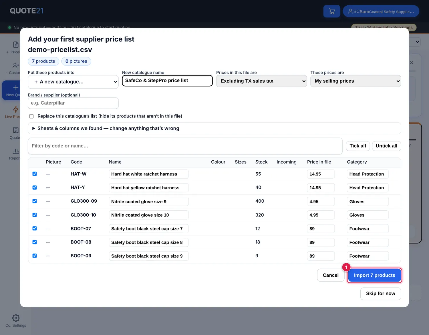 Screenshot: Look at the preview at the bottom to make sure the codes, names and prices are in the right columns, then tap Import products.