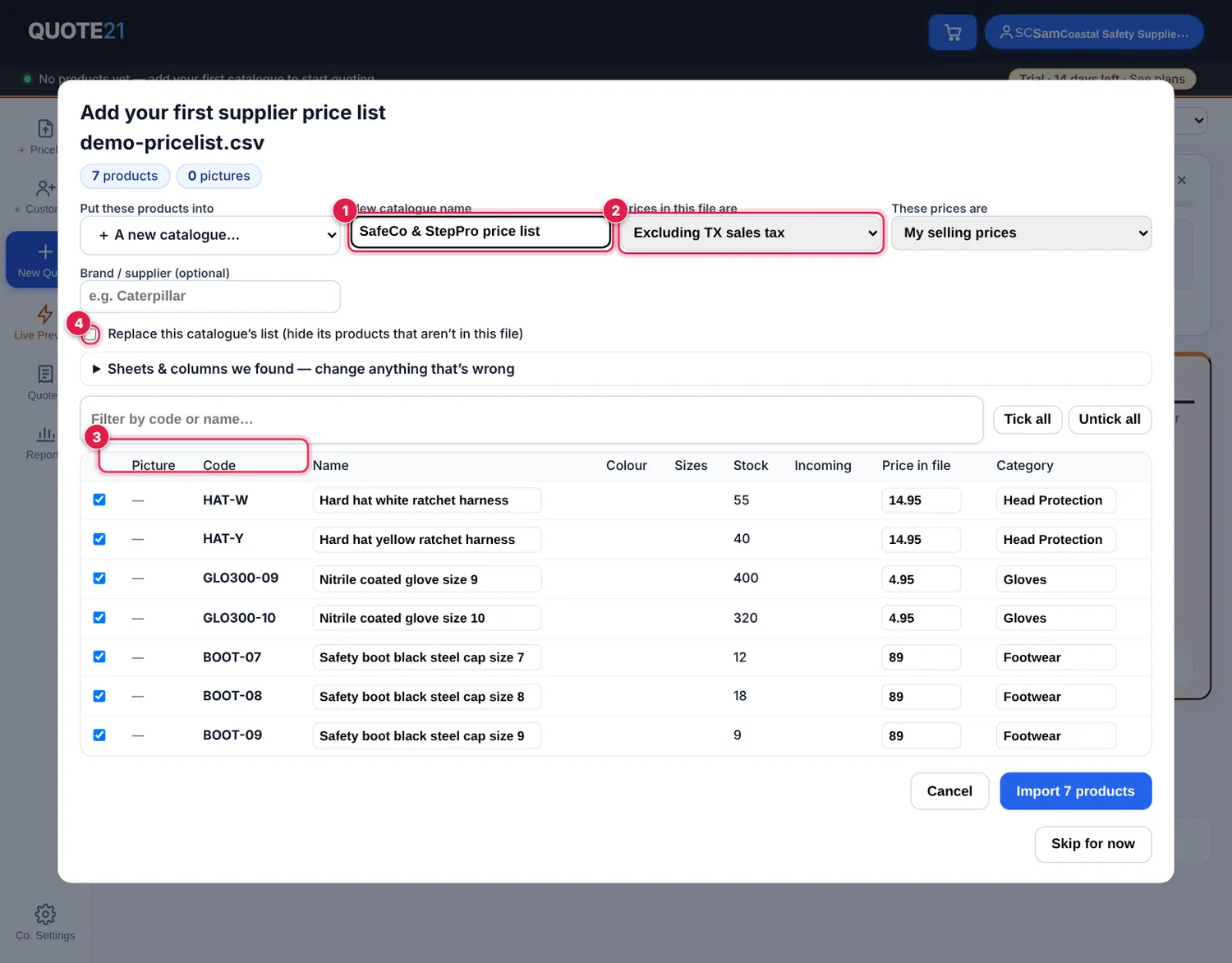 Screenshot: Give the catalogue a name — usually the supplier’s name. QUOTE21 matches your columns for you: check the product code , description and sell