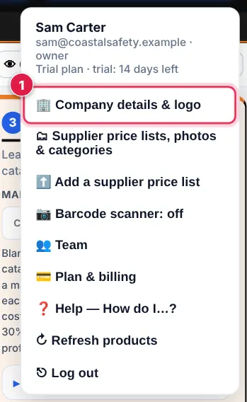 Screenshot: Tap your company name at the top right to open the account menu, then tap 🏢 Company details & logo.