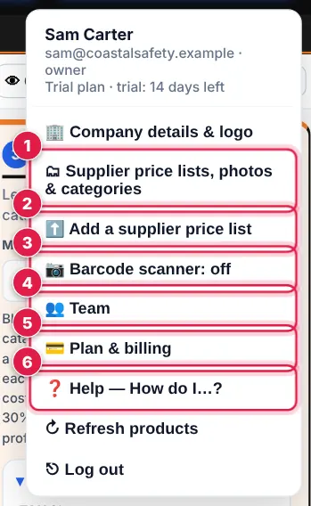 Screenshot: 🗂 Supplier price lists, photos & categories and ⬆️ Add a supplier price list manage your price lists. 📷 Barcode scanner switches a Scan