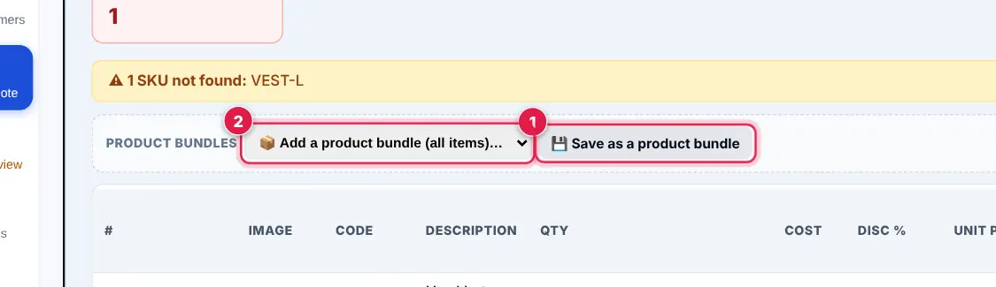 Screenshot: Build a quote with the products (and quantities) you often quote together. Tap 💾 Save as a product bundle and give it a name.
