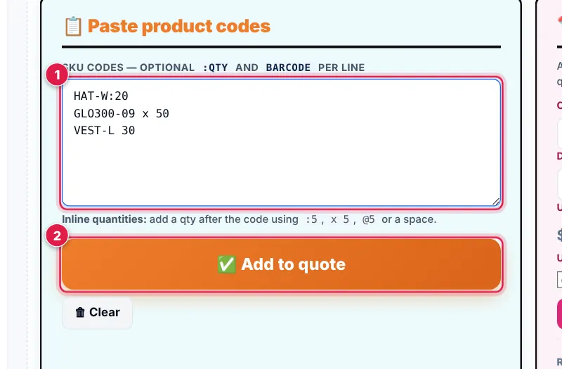 Screenshot: Open ➕ More ways to add products (below 3 Price). In 📋 Paste product codes, put one product code (or barcode) per line . Add the quantity af