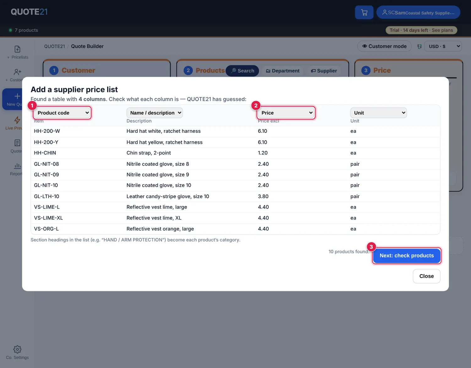 Screenshot: QUOTE21 finds the table and guesses each column. Check the Product code and Price columns are right (change a heading with its drop-down if