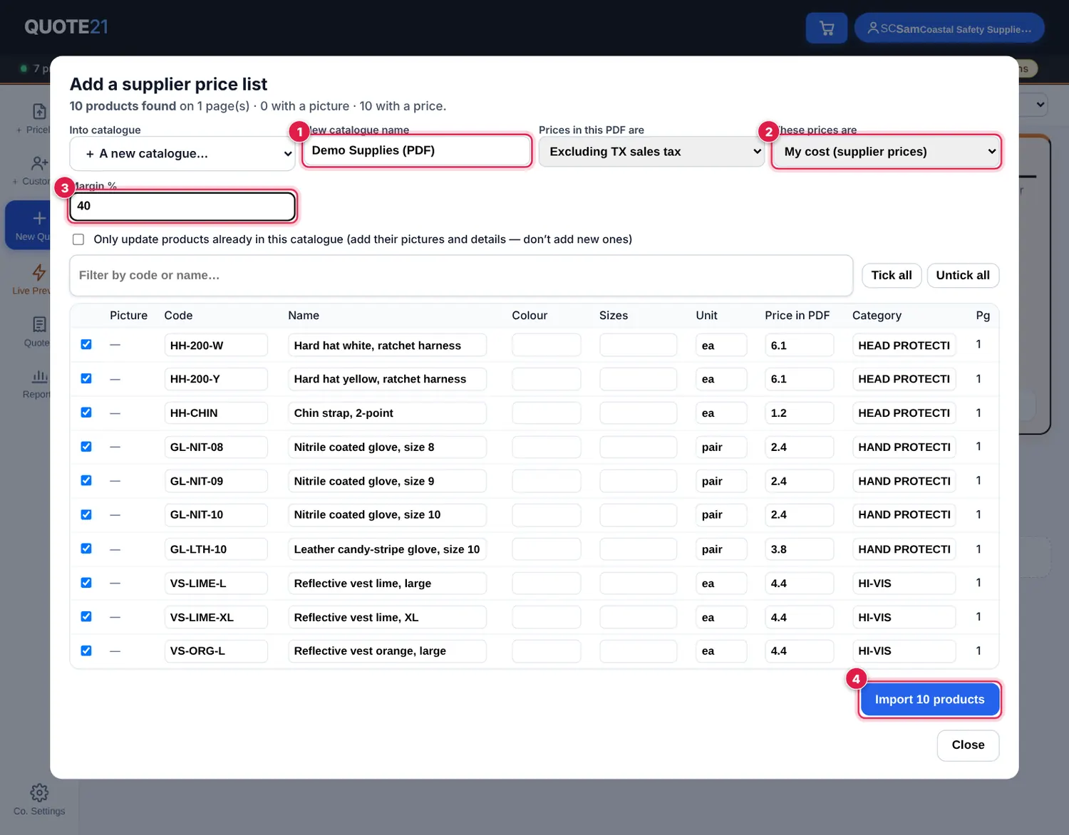 Screenshot: Name the catalogue . Say whether the PDF prices are including or excluding sales tax, and whether they are your selling prices or your cost