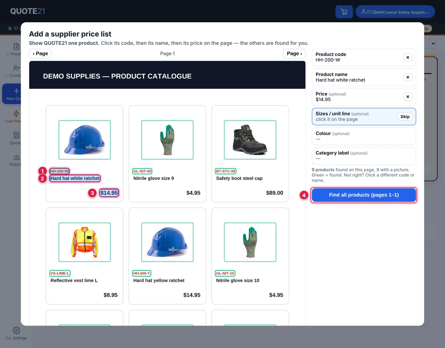 Screenshot: On the page, click the first product’s code , then its name , then its price . Sizes, colour and category are optional — tap Skip to leave t