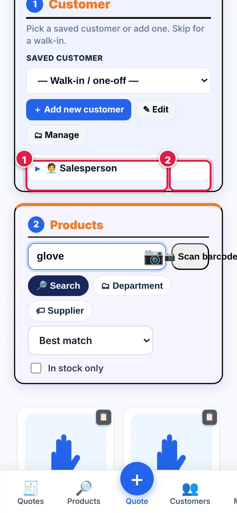 Screenshot: In Products, tap the 📷 button in the search bar to scan a product’s barcode with your camera, then add it to the quote.