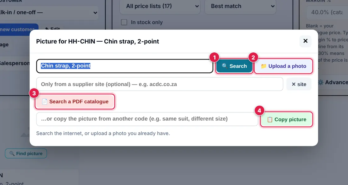 Screenshot: Search finds pictures on the internet — tap the one you want. Or Upload a photo from your phone or computer, take it from a supplier’s PDF c