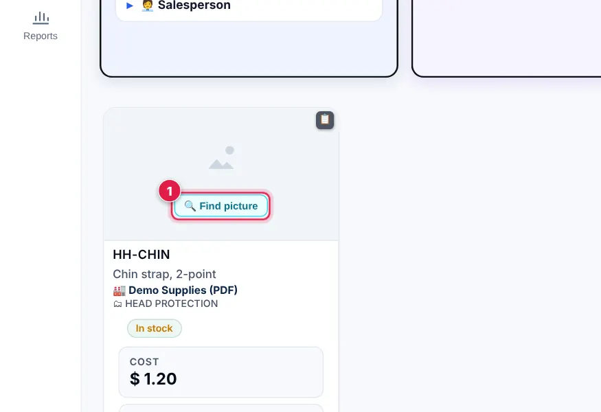 Screenshot: Search for the product. If it has no picture, tap 🔍 Find picture on its card (or 📷 Update picture to change one).