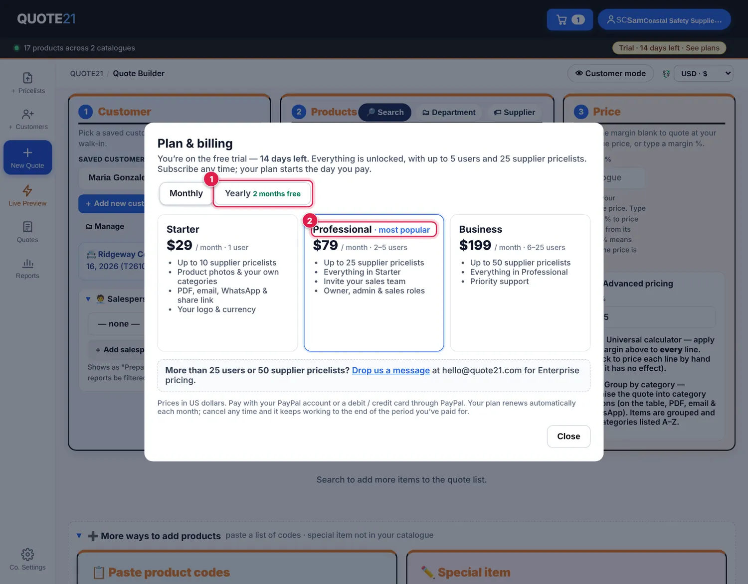 Screenshot: Choose Monthly or Yearly (yearly = 2 months free), then pick a plan — Starter, Professional or Business.
