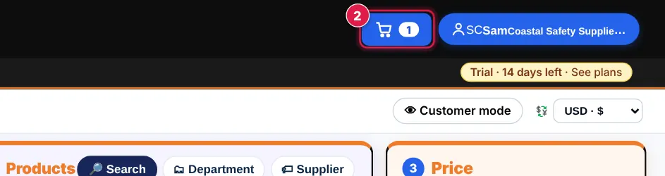 Screenshot: Tap + New quote (top of every screen, or + Quote on a phone). The 🛒 button shows how many items are on the quote you’re working on.