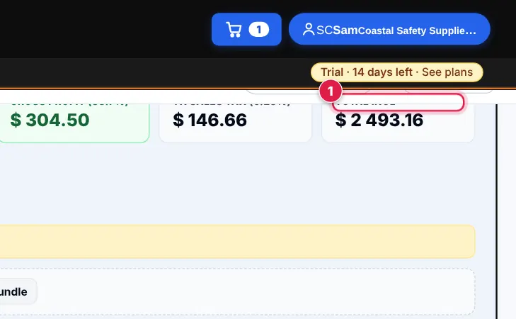 Screenshot: The totals at the top update as you go: subtotal, sales tax, Total incl and your margin . To order shows lines where you are quoting more th