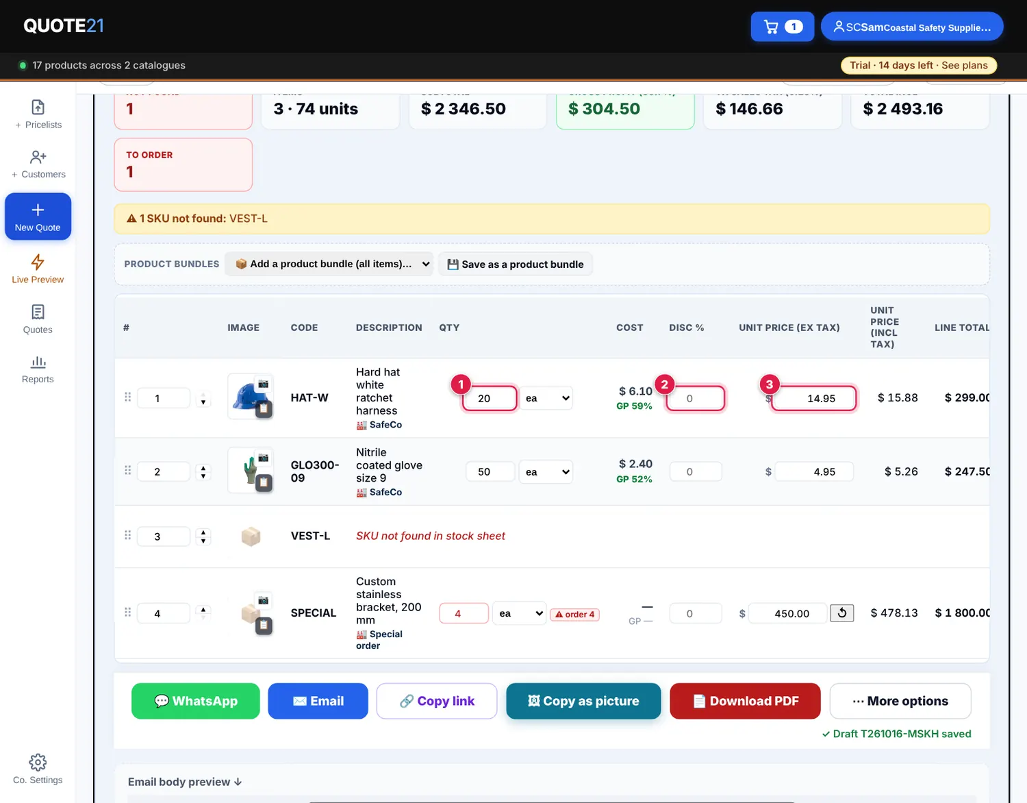 Screenshot: Open the quote (Review & send →, or 🛒 at the top). On each line change the quantity , give a discount % or type your own unit price . Th