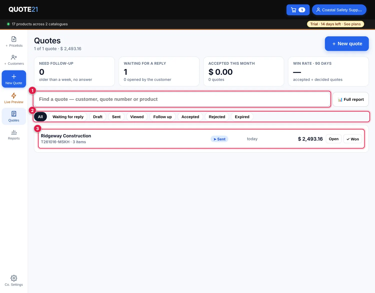 Screenshot: Tap Quotes in the menu. Search by customer, quote number or product , or tap a status — Waiting for reply, Draft, Viewed, Follow up, Accepte