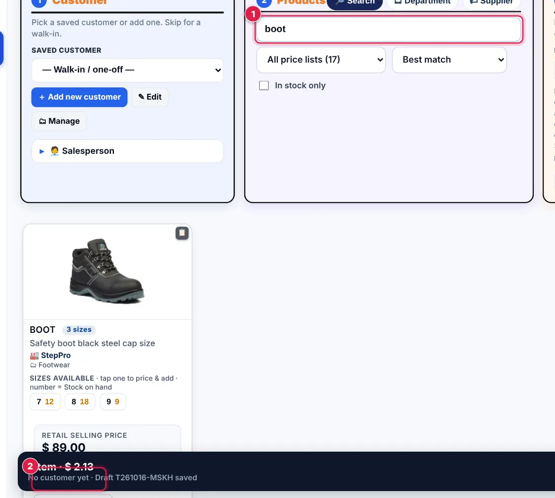 Screenshot: Type at least 2 letters in the search box . More words narrow it down (e.g. boot 8). Tap + Add to quote on the product. Products in sizes sh
