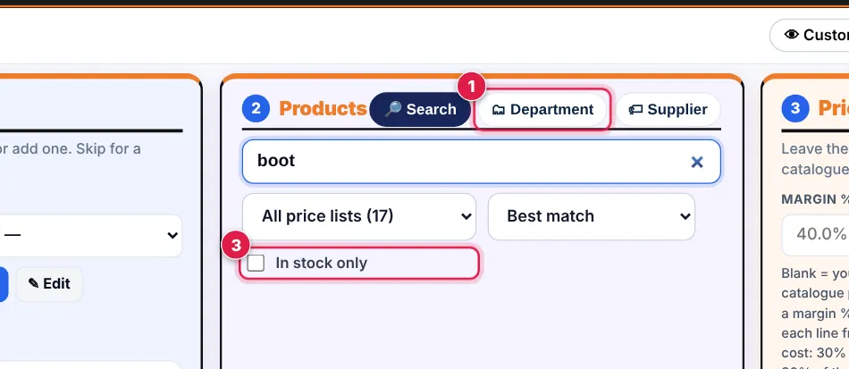 Screenshot: Browse instead of search: tap Department . Type in the supplier box to see one supplier only, and tick In stock only to hide items with no s