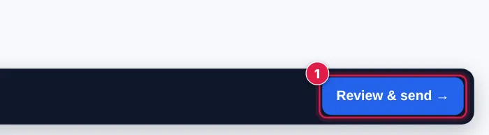 Screenshot: A bar follows you down the page with the number of items and the total. Tap Review & send → to see the quote and send it.