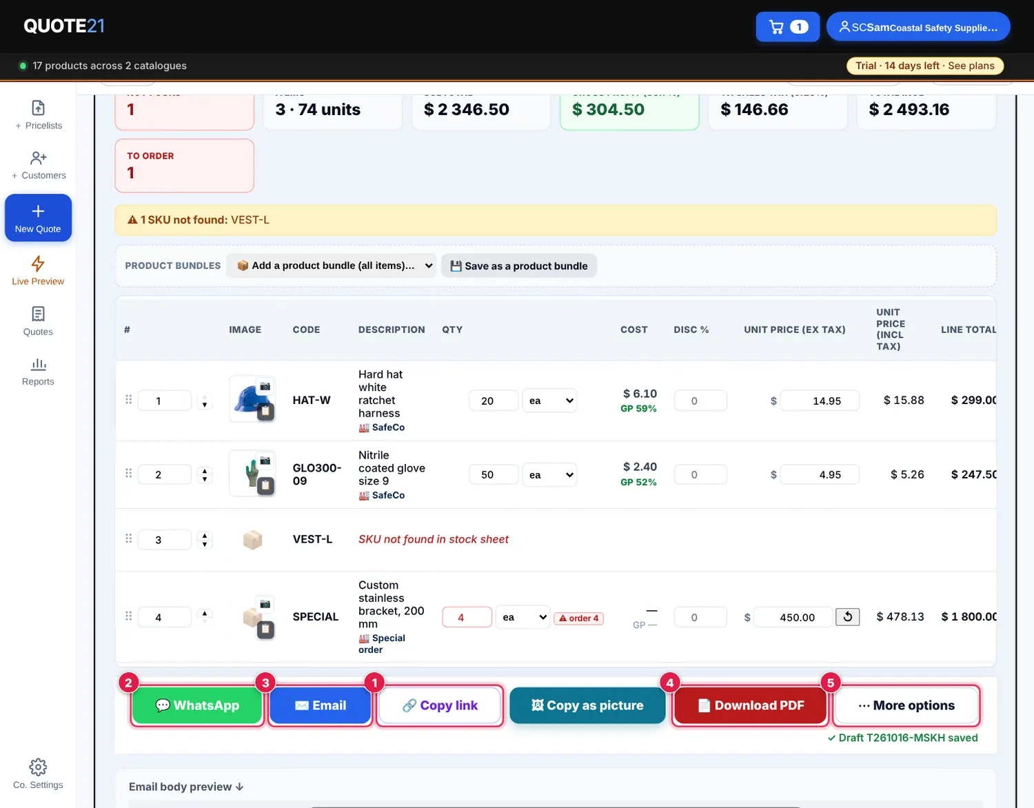 Screenshot: 🔗 Send interactive quote makes a web link to your quote. Send it any way you like — your customer opens it in their browser (no app needed),