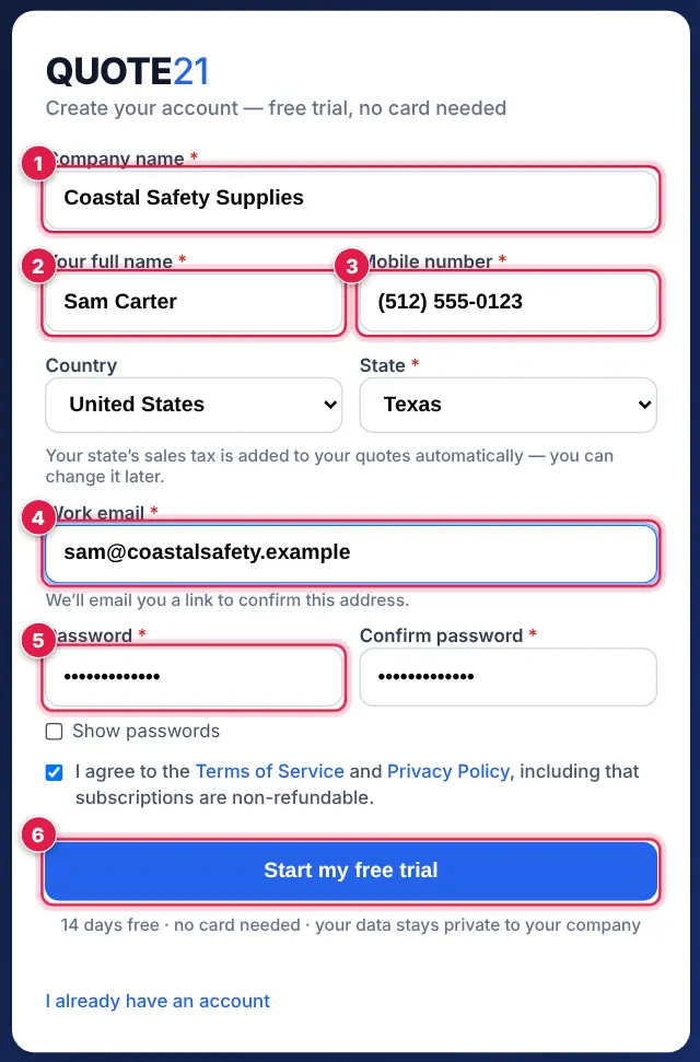 Screenshot: Fill in your company name , your full name (first name and surname) and your mobile number . Choose your country.