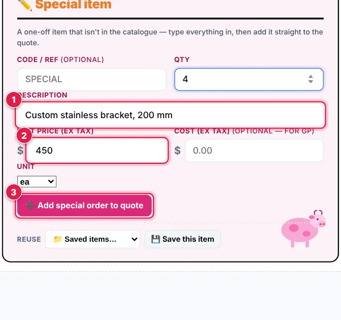Screenshot: Open ➕ More ways to add products. In ✏️ Special item, type a description , the unit price before tax and the quantity. A code and your cost