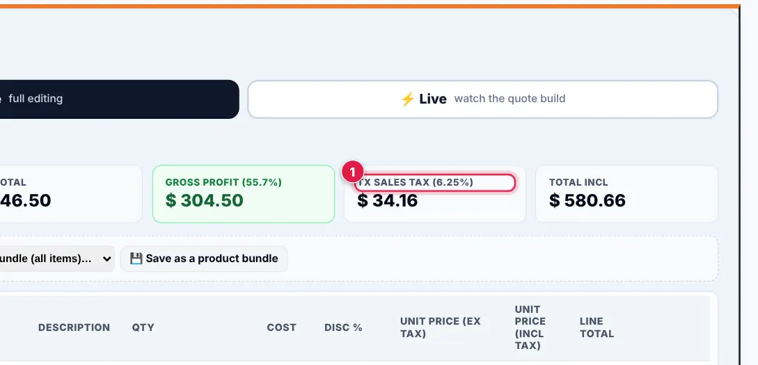 Screenshot: Every quote, PDF, email, WhatsApp message, share link and accept page then shows your tax by name, added on top of your prices.