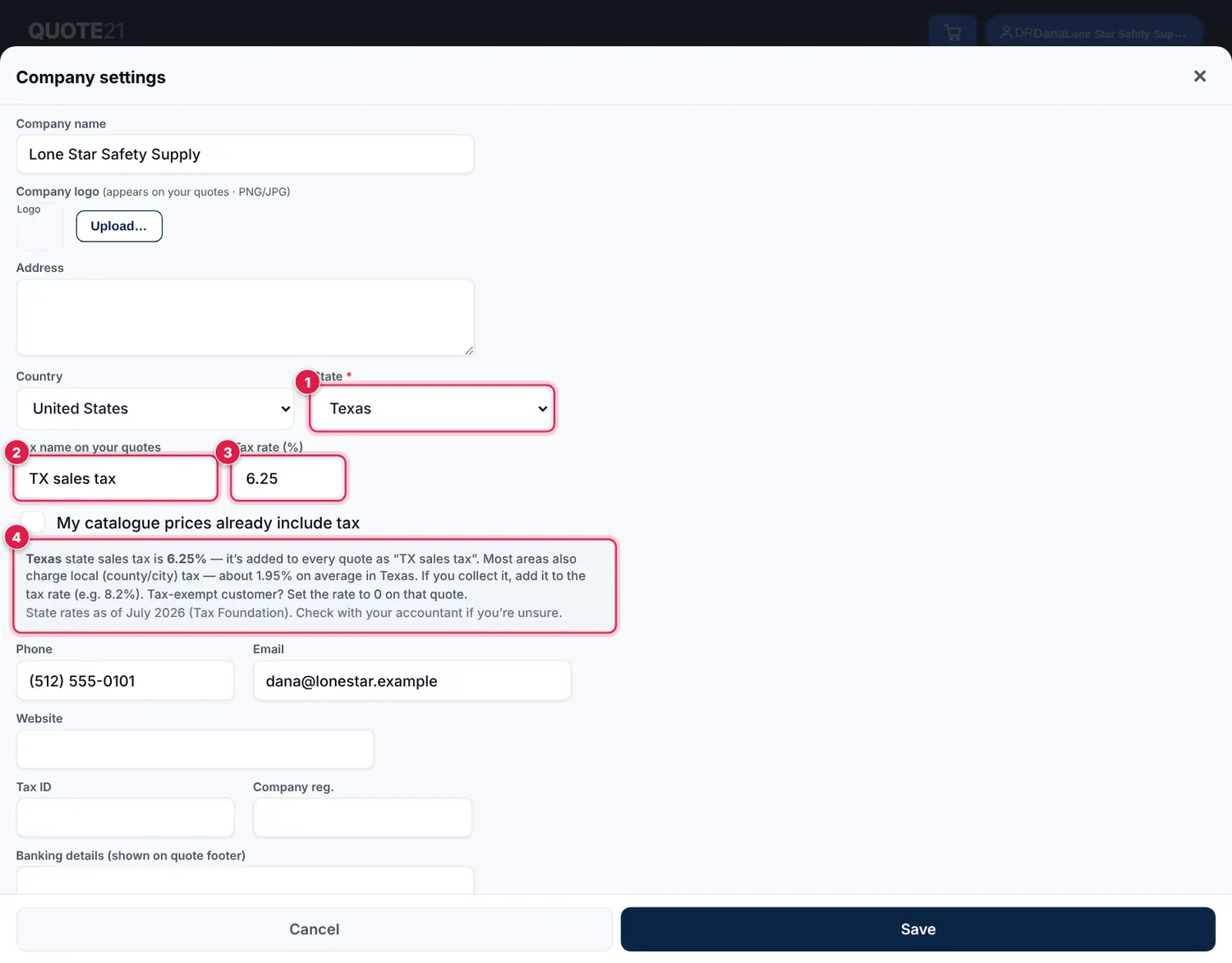 Screenshot: To change it later: account menu → 🏢 Company details & logo. Pick your state and QUOTE21 fills in the tax name and rate . The note shows