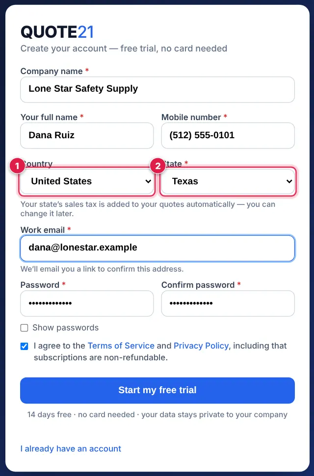 Screenshot: When you sign up, choose your country . In the United States, also choose your state — QUOTE21 sets your state’s sales tax rate, calls it e.