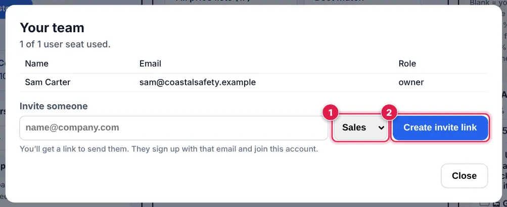 Screenshot: Account menu → 👥 Team. Type their email, choose Sales or Admin and tap Create invite link .